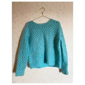 Hand Knit Furry Aqua Sweater